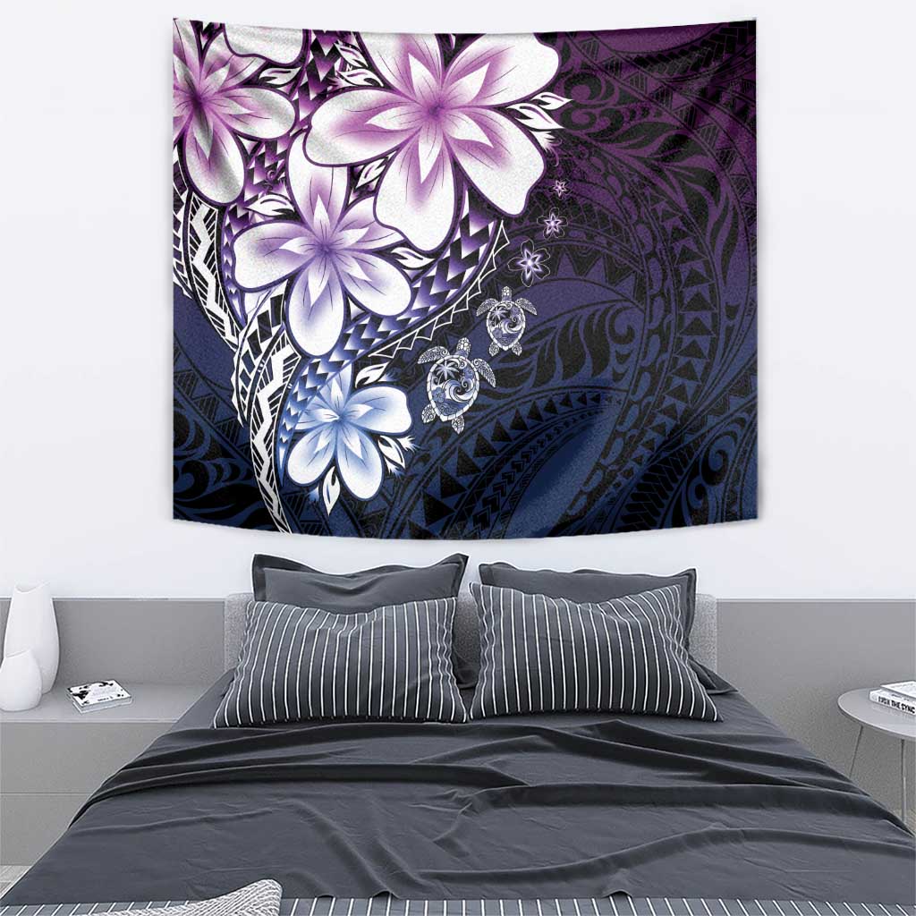 Polynesia Romantic Valentine Tapestry Sea Turtle Couple With Purple Gradient Plumeria