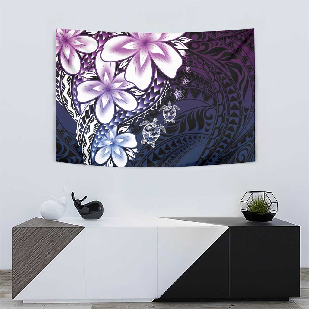 Polynesia Romantic Valentine Tapestry Sea Turtle Couple With Purple Gradient Plumeria