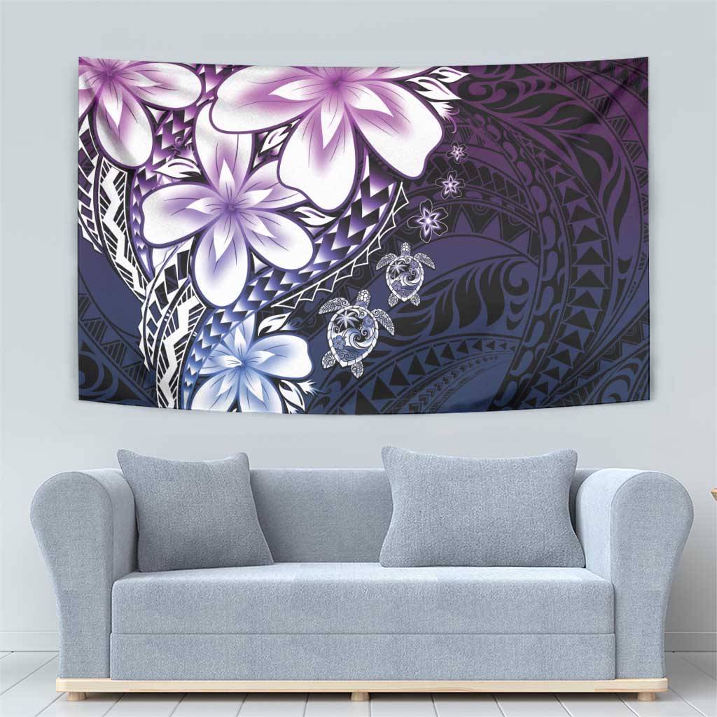 Polynesia Romantic Valentine Tapestry Sea Turtle Couple With Purple Gradient Plumeria
