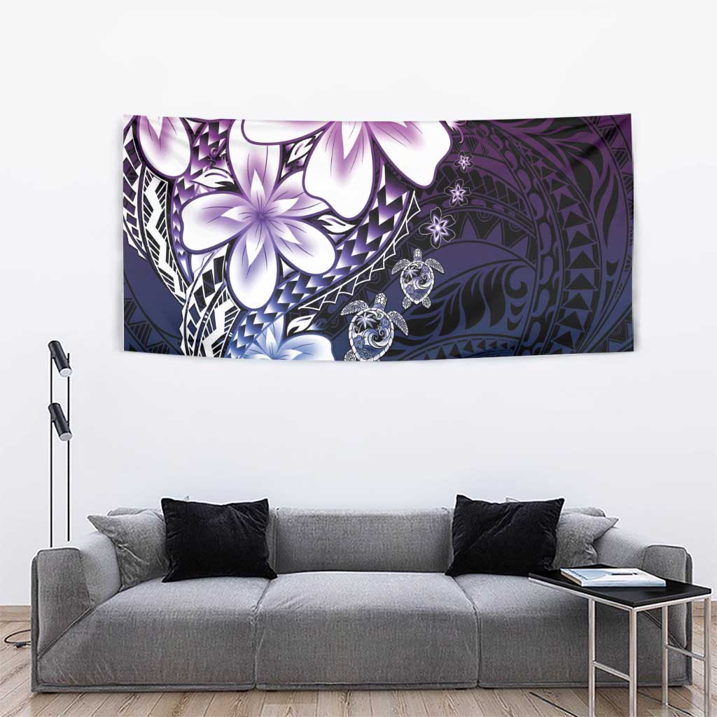 Polynesia Romantic Valentine Tapestry Sea Turtle Couple With Purple Gradient Plumeria