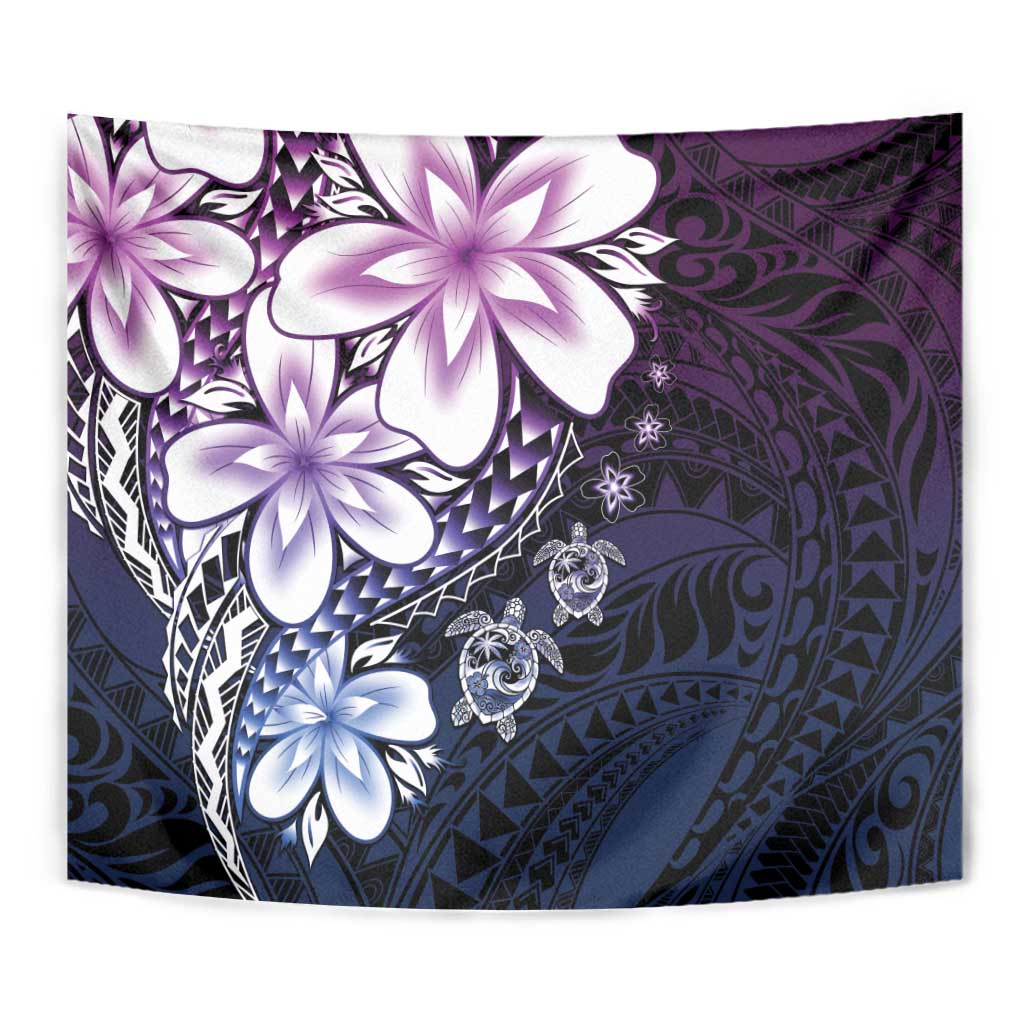 Polynesia Romantic Valentine Tapestry Sea Turtle Couple With Purple Gradient Plumeria