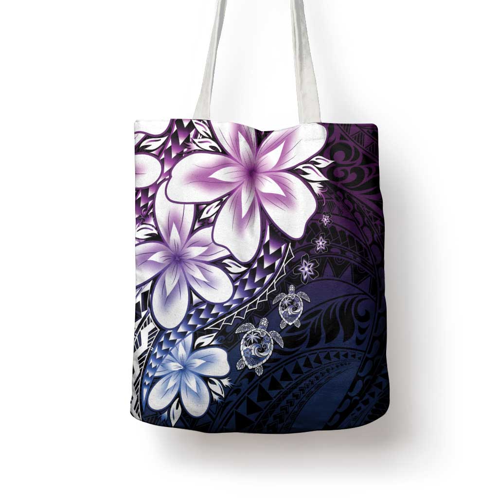 Polynesia Romantic Valentine Tote Bag Sea Turtle Couple With Purple Gradient Plumeria