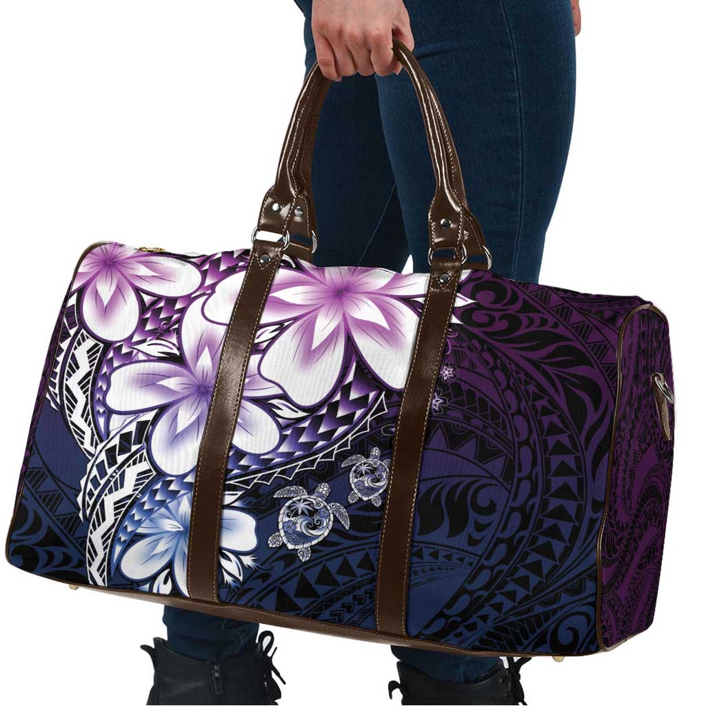 Polynesia Romantic Valentine Travel Bag Sea Turtle Couple With Purple Gradient Plumeria