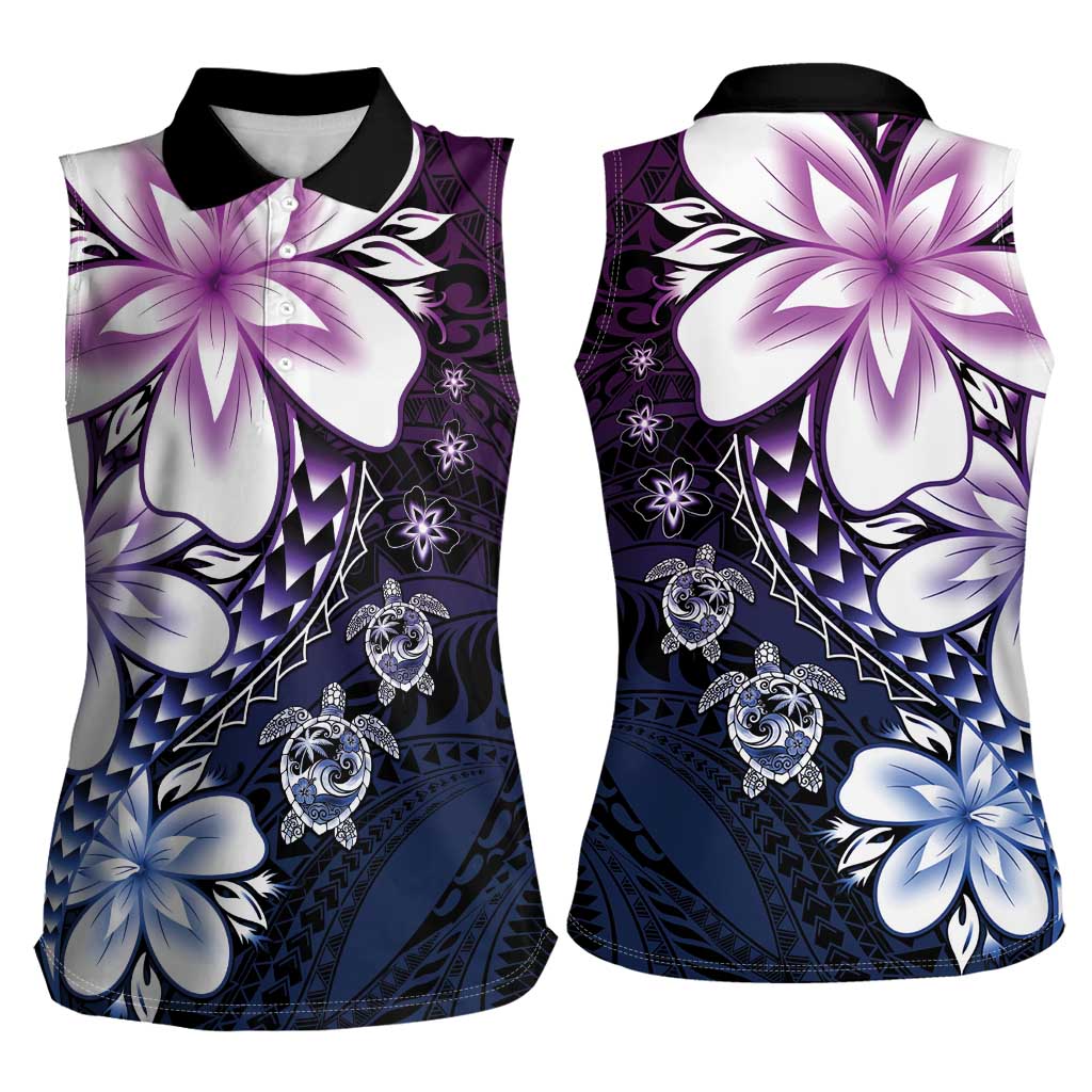 Polynesia Romantic Valentine Women Sleeveless Polo Shirt Sea Turtle Couple With Purple Gradient Plumeria