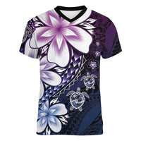 Polynesia Romantic Valentine Women V-Neck T-Shirt Sea Turtle Couple With Purple Gradient Plumeria LT05 Female Purple - Polynesian Pride