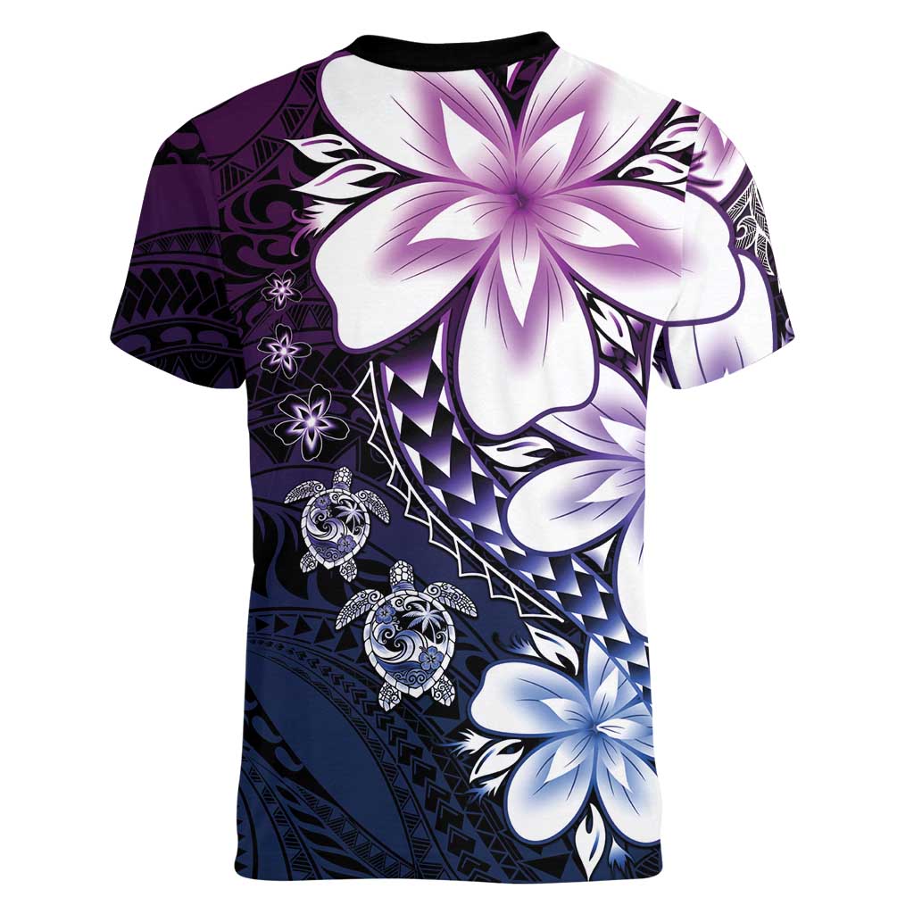 Polynesia Romantic Valentine Women V-Neck T-Shirt Sea Turtle Couple With Purple Gradient Plumeria LT05 - Polynesian Pride