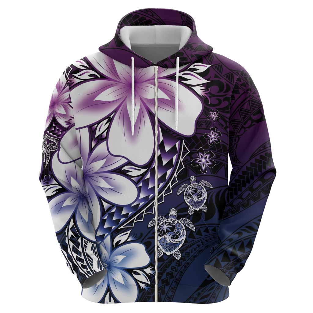 Polynesia Romantic Valentine Zip Hoodie Sea Turtle Couple With Purple Gradient Plumeria