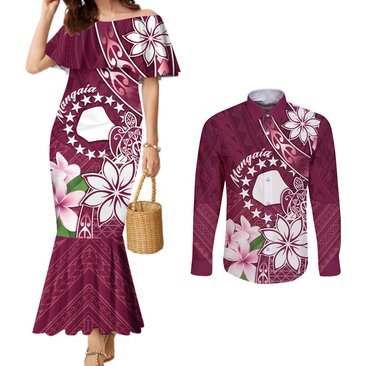 Personalised Cook Island Mangaia Gospel Day Couples Matching Mermaid Dress and Long Sleeve Button Shirt Floral Tribal Pattern LT05 Maroon - Polynesian Pride