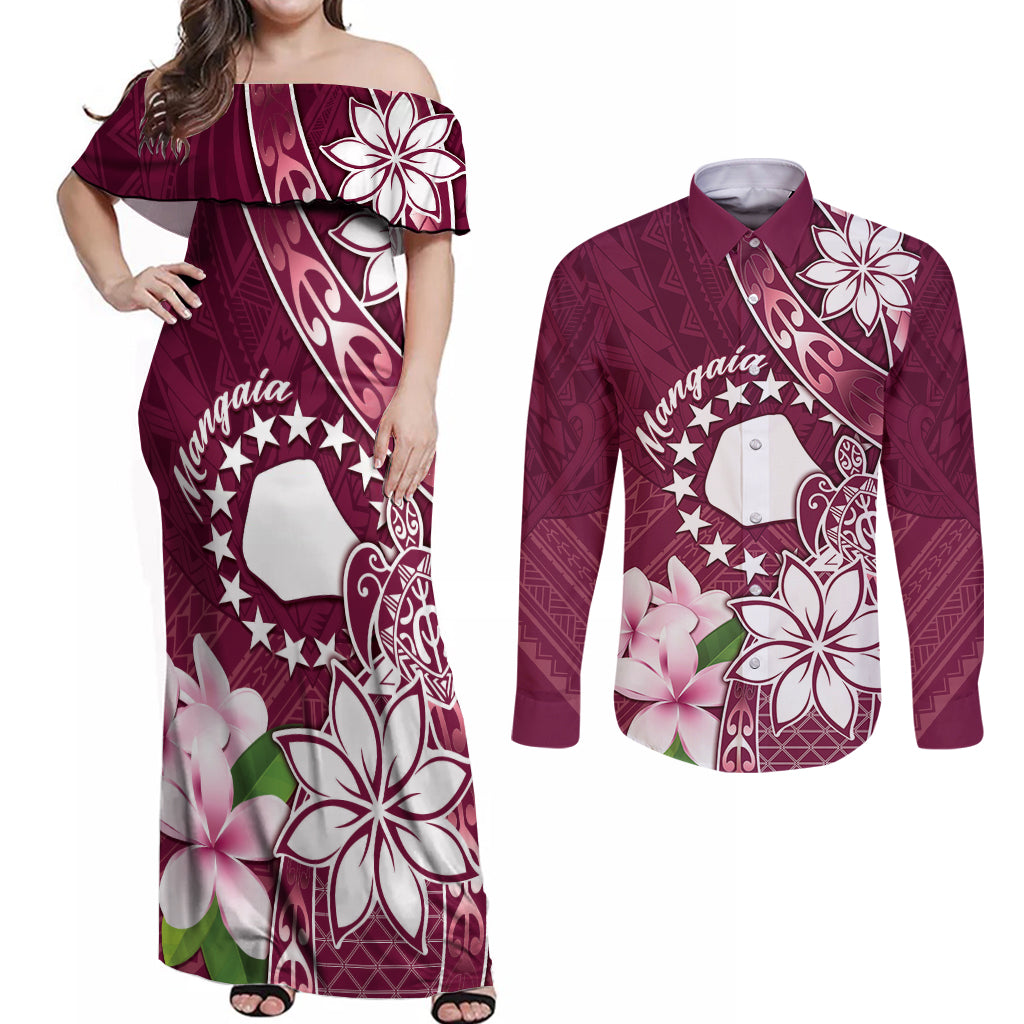 Personalised Cook Island Mangaia Gospel Day Couples Matching Off Shoulder Maxi Dress and Long Sleeve Button Shirt Floral Tribal Pattern LT05 Maroon - Polynesian Pride