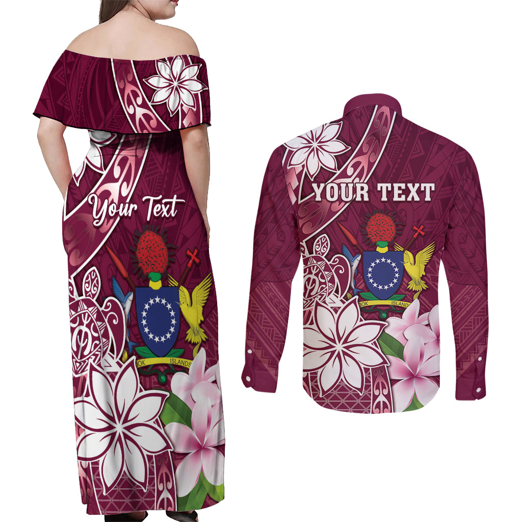 Personalised Cook Island Mangaia Gospel Day Couples Matching Off Shoulder Maxi Dress and Long Sleeve Button Shirt Floral Tribal Pattern LT05 - Polynesian Pride