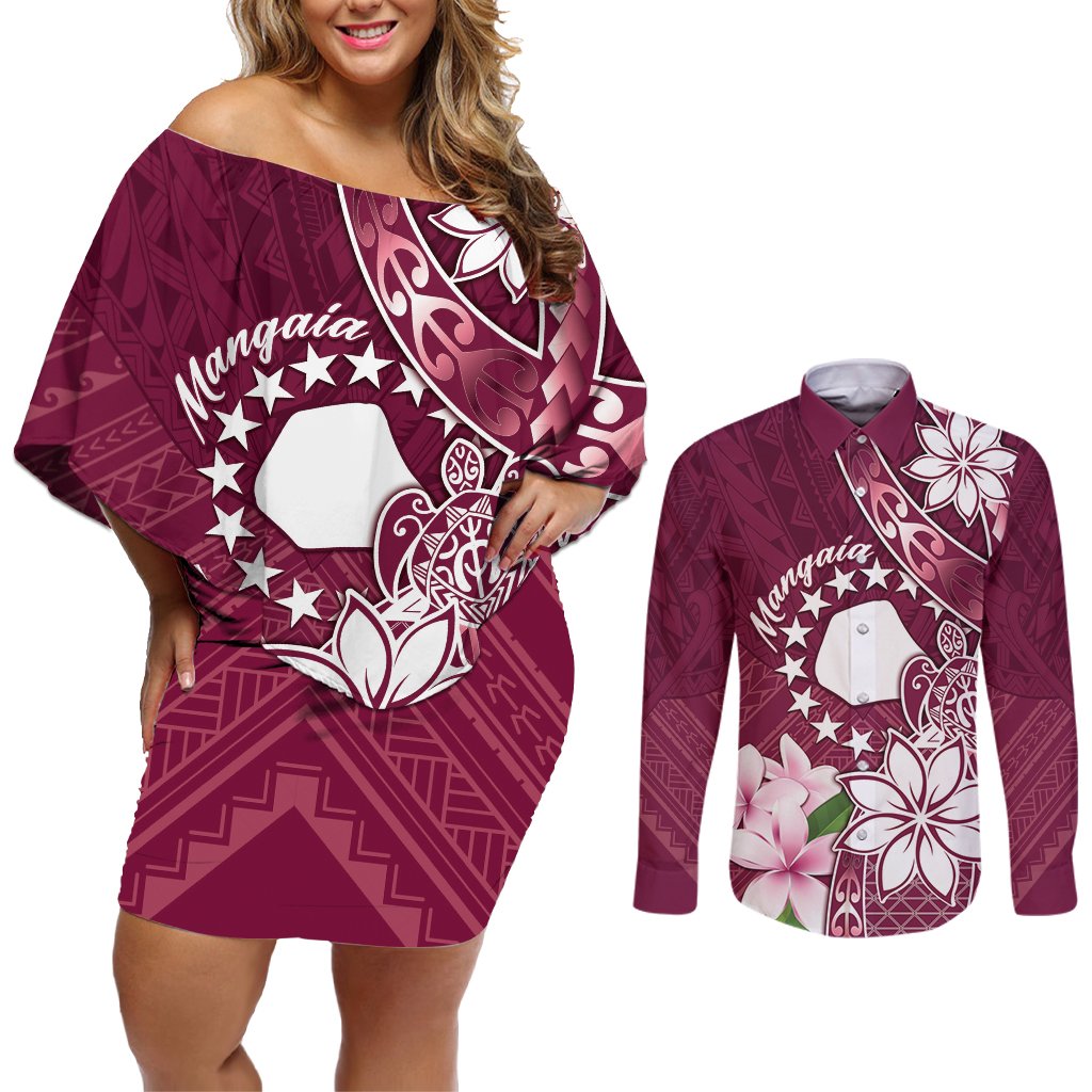 Personalised Cook Island Mangaia Gospel Day Couples Matching Off Shoulder Short Dress and Long Sleeve Button Shirt Floral Tribal Pattern LT05 Maroon - Polynesian Pride