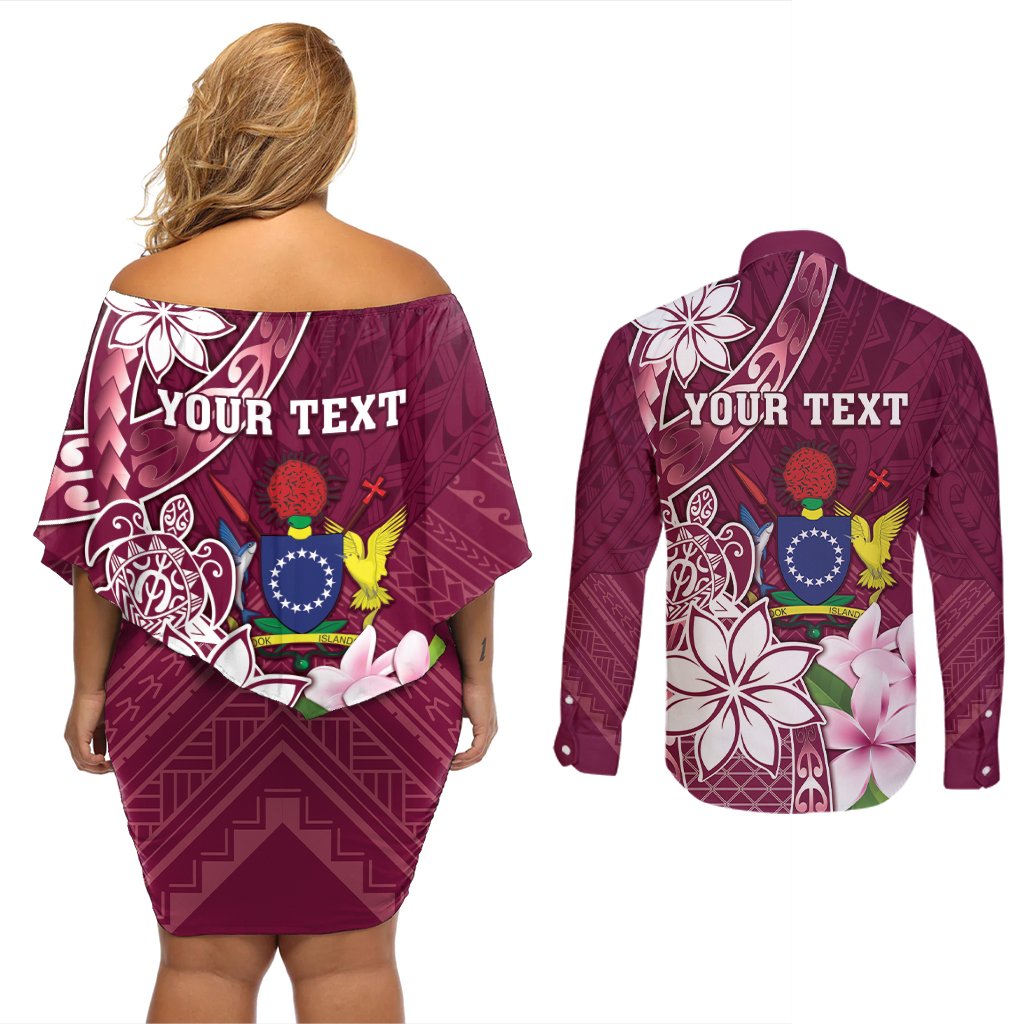 Personalised Cook Island Mangaia Gospel Day Couples Matching Off Shoulder Short Dress and Long Sleeve Button Shirt Floral Tribal Pattern LT05 - Polynesian Pride