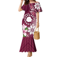 Personalised Cook Island Mangaia Gospel Day Family Matching Mermaid Dress and Hawaiian Shirt Floral Tribal Pattern LT05 Mom's Dress Maroon - Polynesian Pride