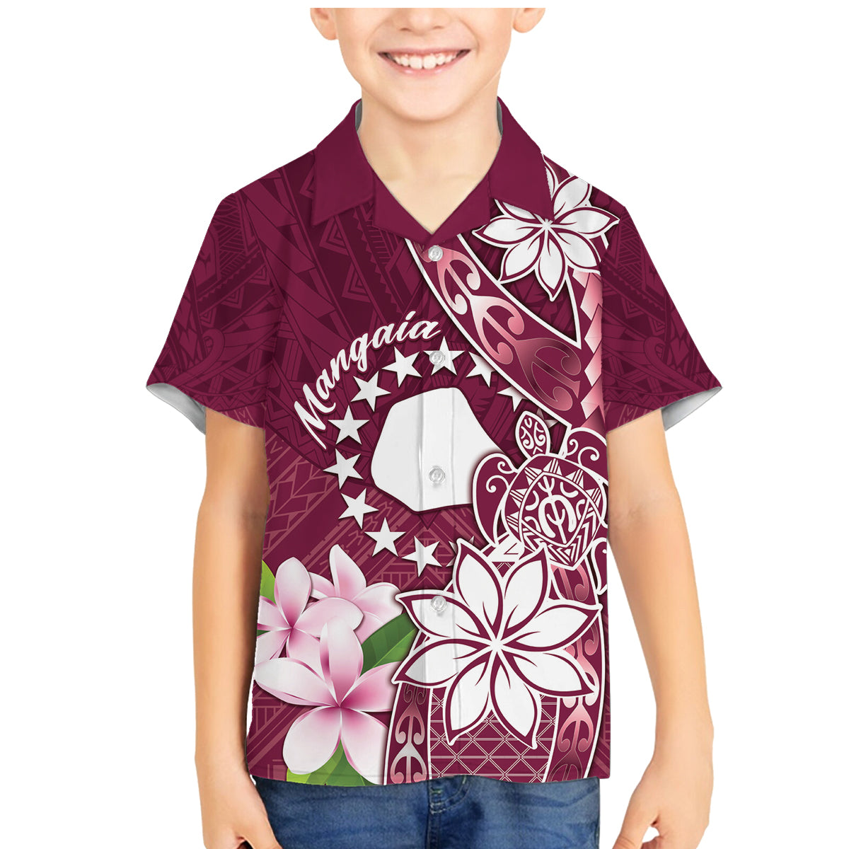 Personalised Cook Island Mangaia Gospel Day Family Matching Mermaid Dress and Hawaiian Shirt Floral Tribal Pattern LT05 Son's Shirt Maroon - Polynesian Pride