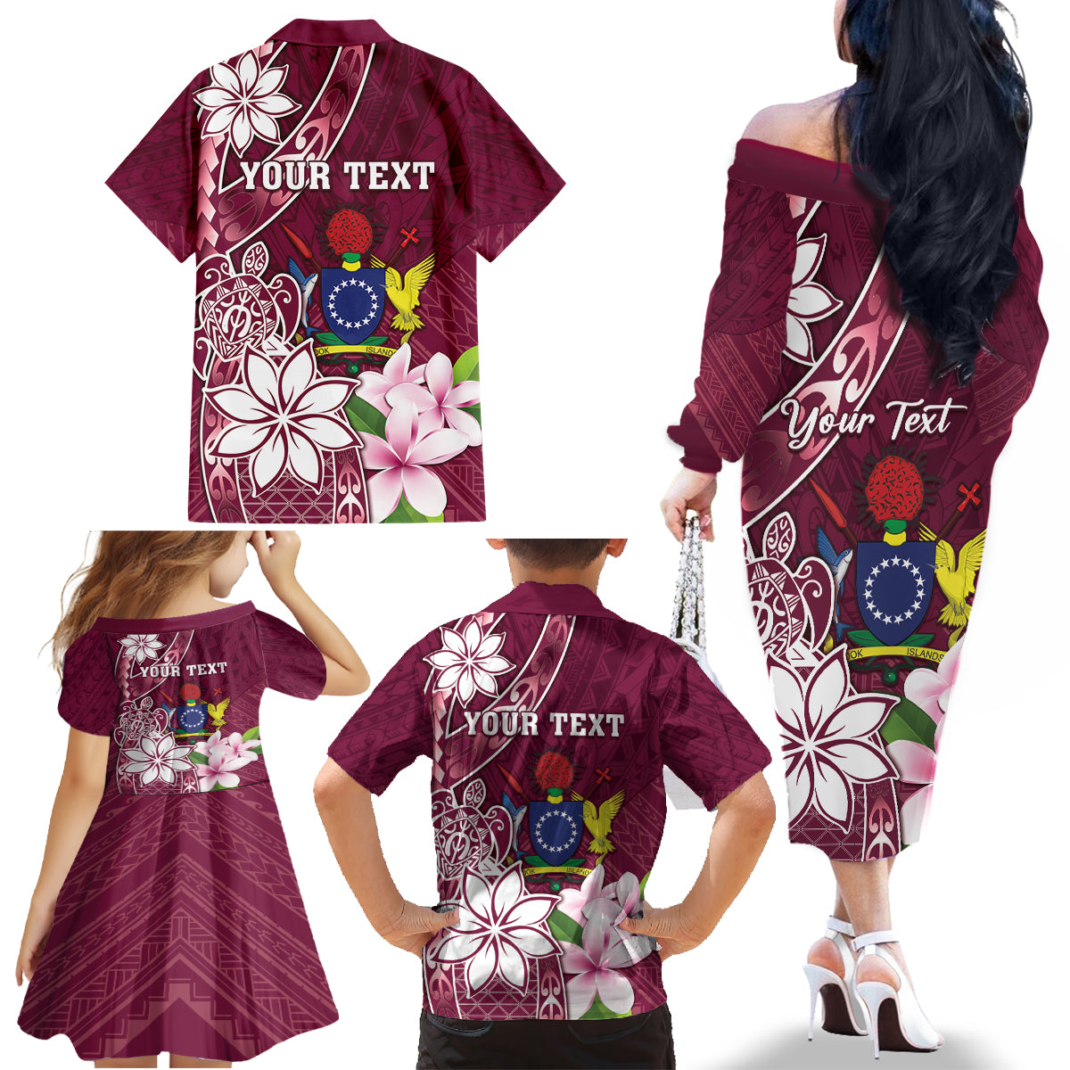 Personalised Cook Island Mangaia Gospel Day Family Matching Off The Shoulder Long Sleeve Dress and Hawaiian Shirt Floral Tribal Pattern