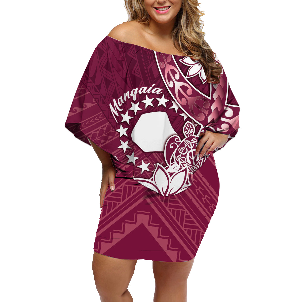 Personalised Cook Island Mangaia Gospel Day Family Matching Off Shoulder Short Dress and Hawaiian Shirt Floral Tribal Pattern LT05 Mom's Dress Maroon - Polynesian Pride