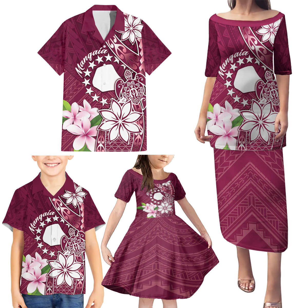 Personalised Cook Island Mangaia Gospel Day Family Matching Puletasi and Hawaiian Shirt Floral Tribal Pattern LT05 - Polynesian Pride