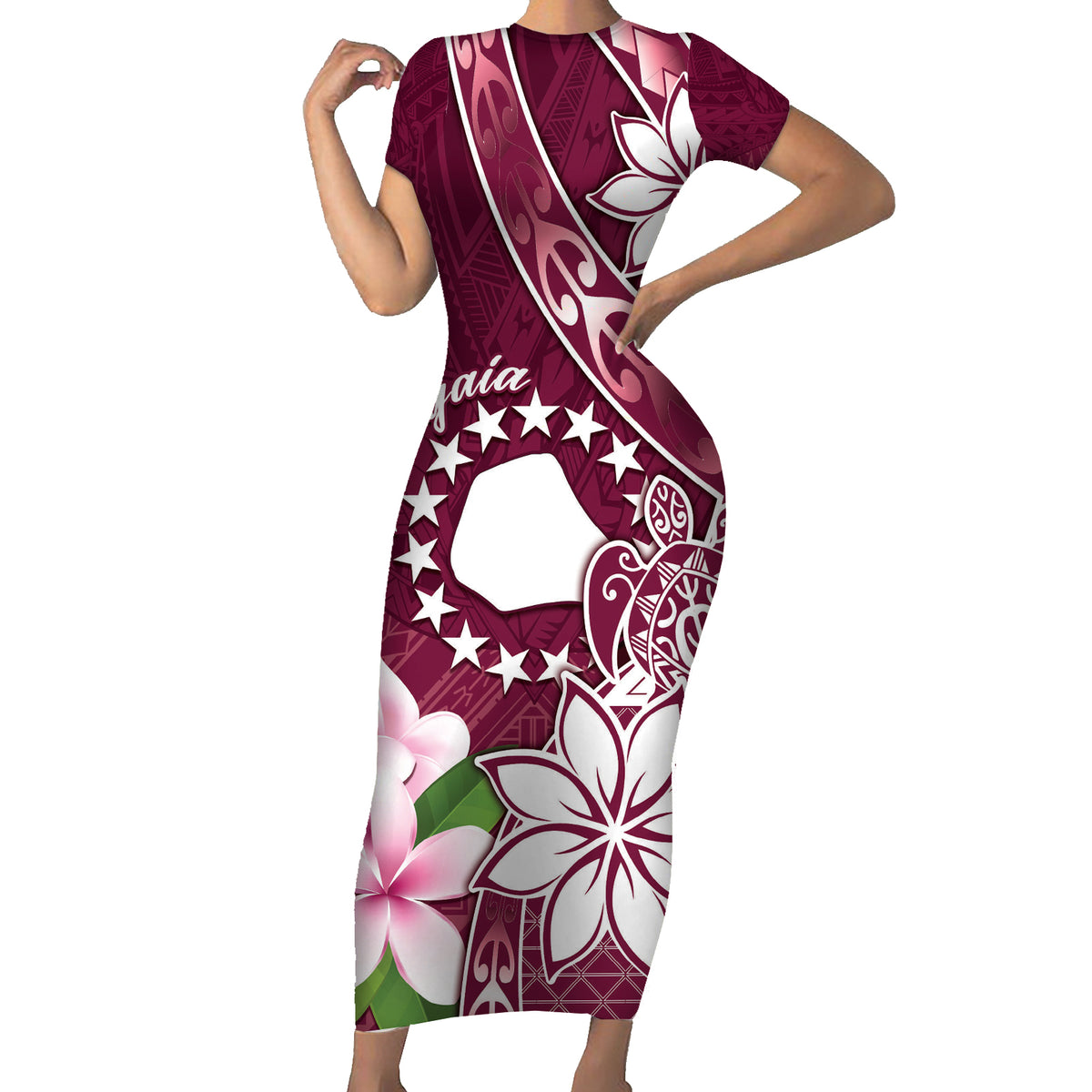 Personalised Cook Island Mangaia Gospel Day Family Matching Short Sleeve Bodycon Dress and Hawaiian Shirt Floral Tribal Pattern LT05 Mom's Dress Maroon - Polynesian Pride