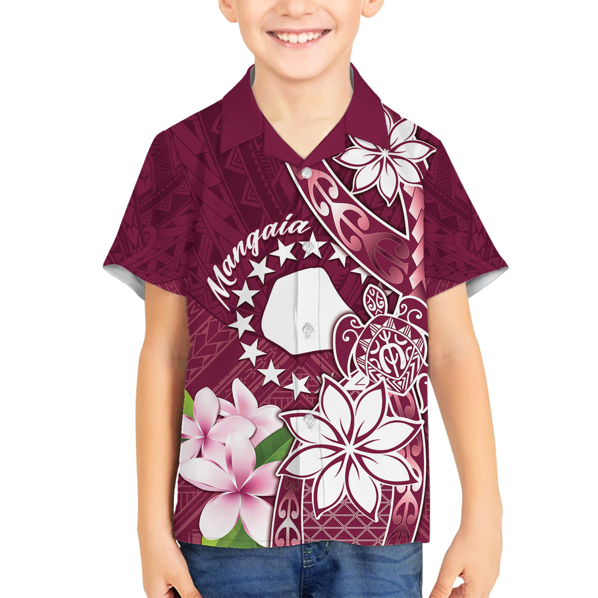 Personalised Cook Island Mangaia Gospel Day Family Matching Summer Maxi Dress and Hawaiian Shirt Floral Tribal Pattern LT05 Son's Shirt Maroon - Polynesian Pride