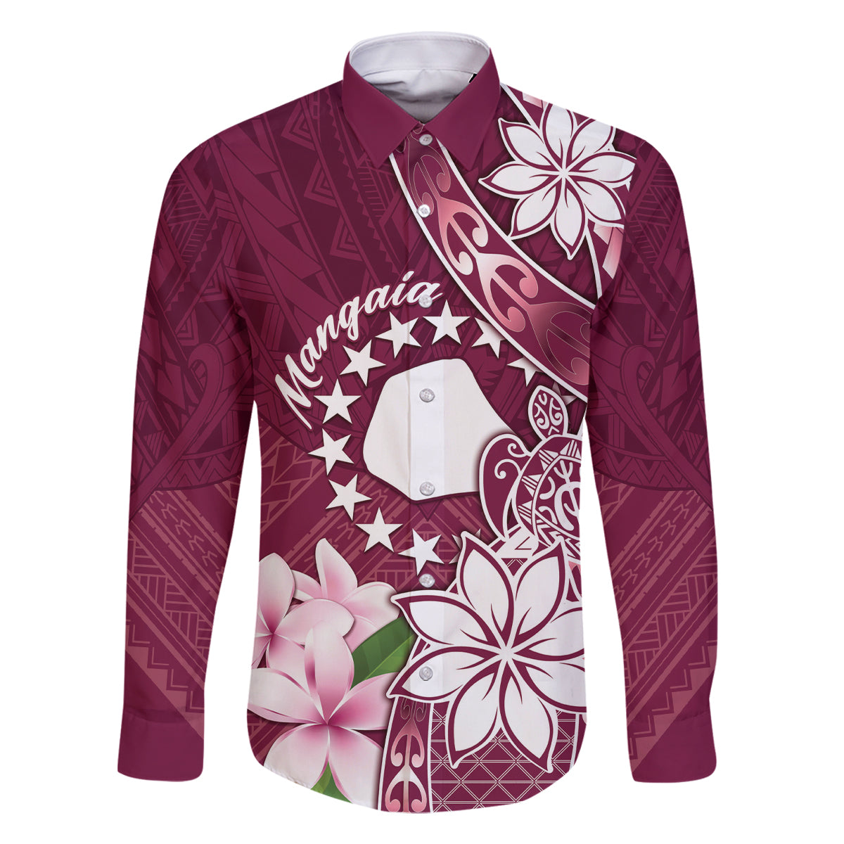 Personalised Cook Island Mangaia Gospel Day Family Matching Tank Maxi Dress and Hawaiian Shirt Floral Tribal Pattern LT05 Dad's Shirt - Long Sleeve Maroon - Polynesian Pride