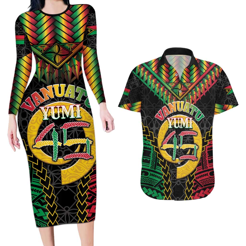 Vanuatu 45th Anniversary Independence Day Couples Matching Long Sleeve Bodycon Dress and Hawaiian Shirt Melanesian Warrior With Sand Drawing Pattern LT05