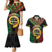 Vanuatu 45th Anniversary Independence Day Couples Matching Mermaid Dress and Hawaiian Shirt Melanesian Warrior With Sand Drawing Pattern LT05 Black - Polynesian Pride