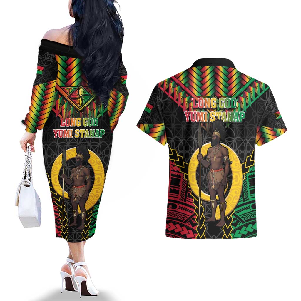 Vanuatu 45th Anniversary Independence Day Couples Matching Off The Shoulder Long Sleeve Dress and Hawaiian Shirt Melanesian Warrior With Sand Drawing Pattern LT05