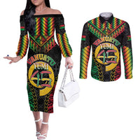 Vanuatu 45th Anniversary Independence Day Couples Matching Off The Shoulder Long Sleeve Dress and Long Sleeve Button Shirt Melanesian Warrior With Sand Drawing Pattern LT05 Black - Polynesian Pride