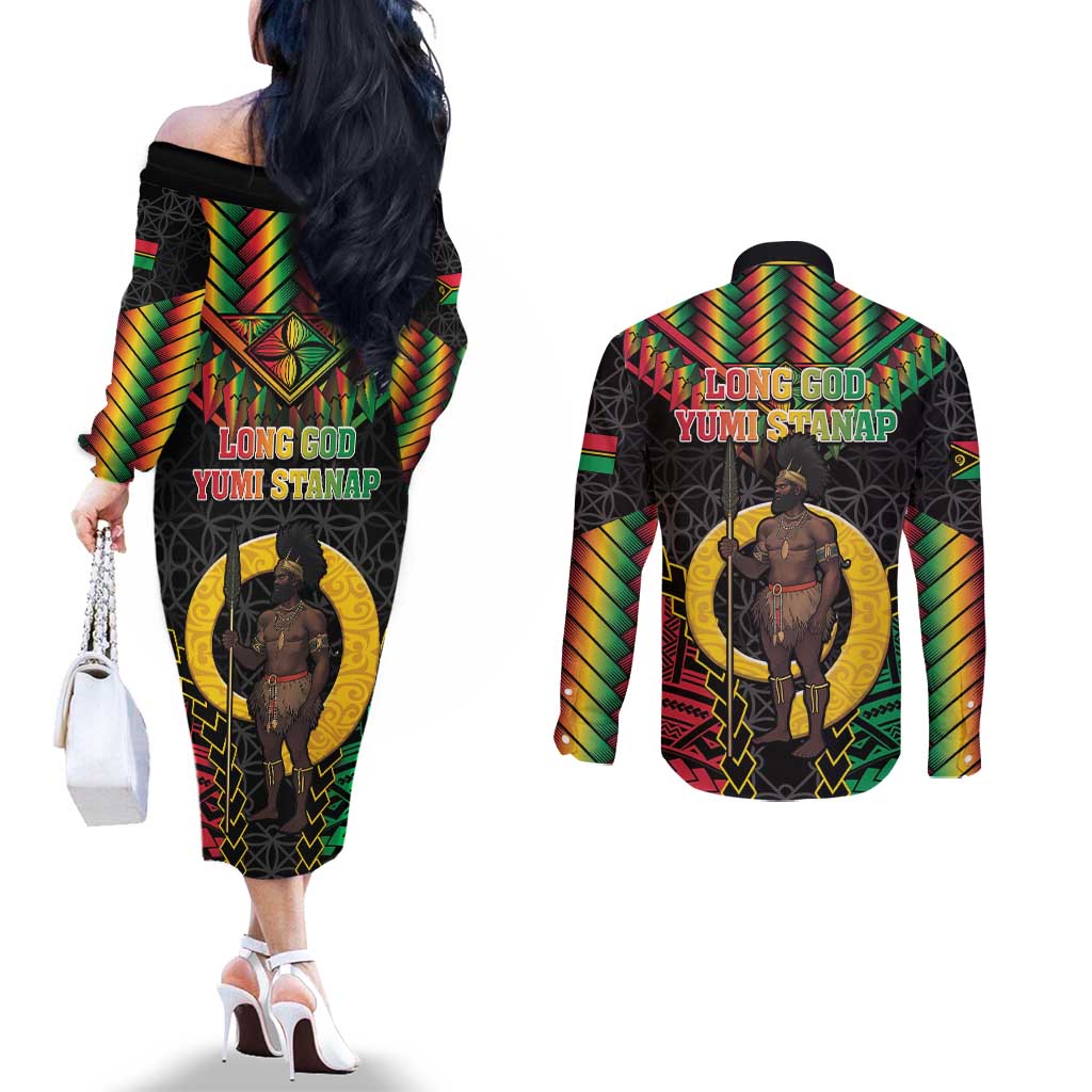 Vanuatu 45th Anniversary Independence Day Couples Matching Off The Shoulder Long Sleeve Dress and Long Sleeve Button Shirt Melanesian Warrior With Sand Drawing Pattern LT05 - Polynesian Pride