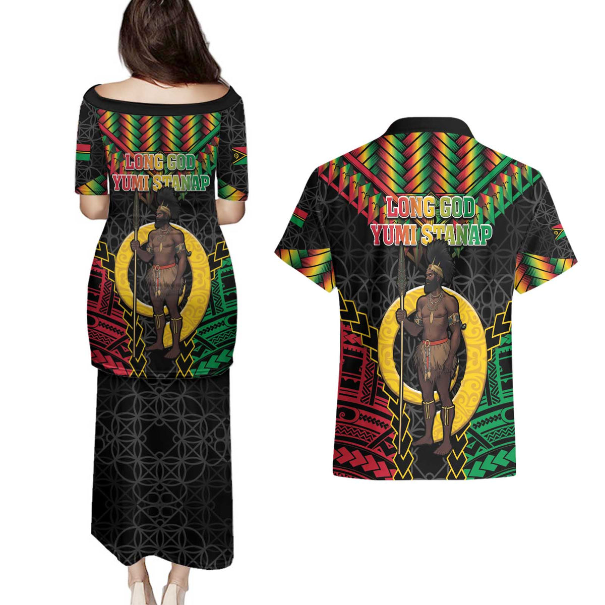 Vanuatu 45th Anniversary Independence Day Couples Matching Puletasi and Hawaiian Shirt Melanesian Warrior With Sand Drawing Pattern LT05