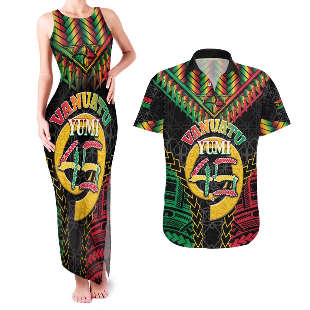 Vanuatu 45th Anniversary Independence Day Couples Matching Tank Maxi Dress and Hawaiian Shirt Melanesian Warrior With Sand Drawing Pattern LT05 Black - Polynesian Pride