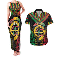 Vanuatu 45th Anniversary Independence Day Couples Matching Tank Maxi Dress and Hawaiian Shirt Melanesian Warrior With Sand Drawing Pattern LT05 Black - Polynesian Pride