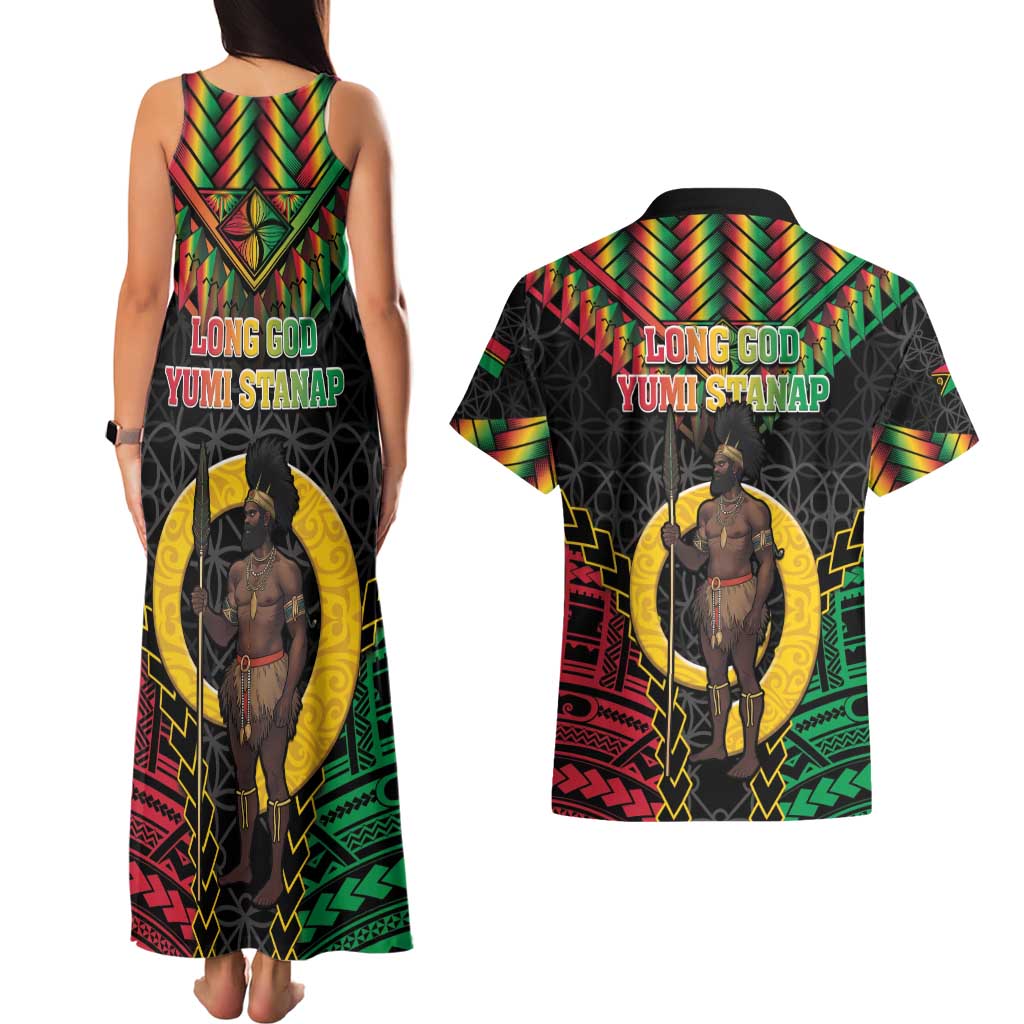 Vanuatu 45th Anniversary Independence Day Couples Matching Tank Maxi Dress and Hawaiian Shirt Melanesian Warrior With Sand Drawing Pattern LT05 - Polynesian Pride
