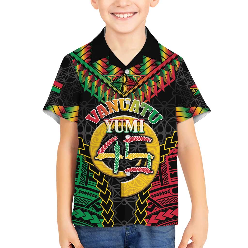 Vanuatu 45th Anniversary Independence Day Family Matching Long Sleeve Bodycon Dress and Hawaiian Shirt Melanesian Warrior With Sand Drawing Pattern LT05