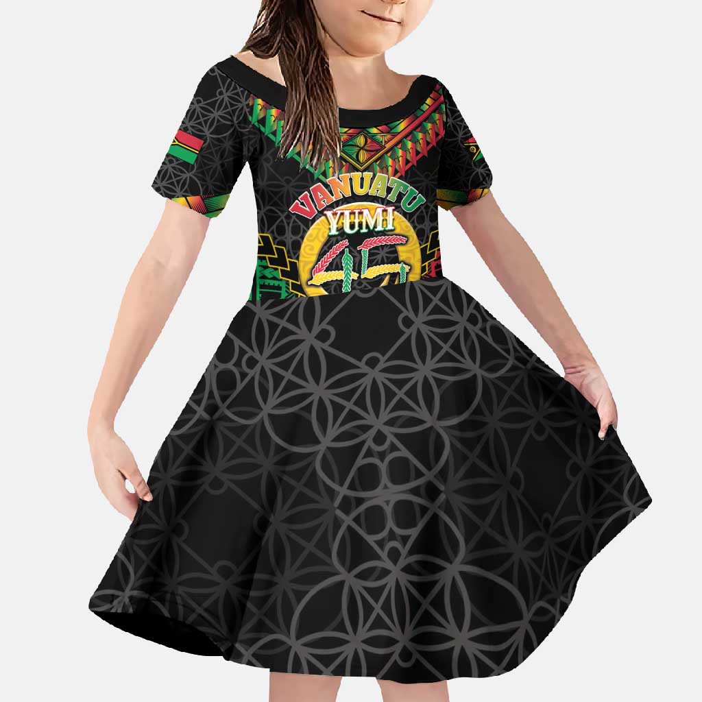 Vanuatu 45th Anniversary Independence Day Family Matching Mermaid Dress and Hawaiian Shirt Melanesian Warrior With Sand Drawing Pattern LT05 Daughter's Dress Black - Polynesian Pride