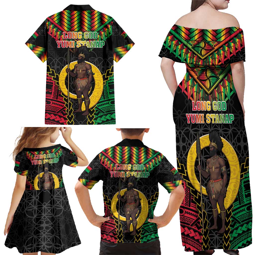 Vanuatu 45th Anniversary Independence Day Family Matching Off Shoulder Maxi Dress and Hawaiian Shirt Melanesian Warrior With Sand Drawing Pattern LT05 - Polynesian Pride