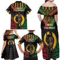 Vanuatu 45th Anniversary Independence Day Family Matching Off Shoulder Maxi Dress and Hawaiian Shirt Melanesian Warrior With Sand Drawing Pattern LT05 - Polynesian Pride