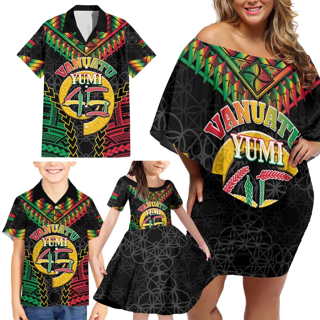 Vanuatu 45th Anniversary Independence Day Family Matching Off Shoulder Short Dress and Hawaiian Shirt Melanesian Warrior With Sand Drawing Pattern LT05 - Polynesian Pride