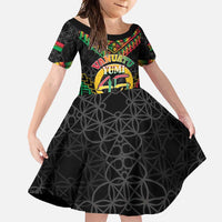 Vanuatu 45th Anniversary Independence Day Family Matching Summer Maxi Dress and Hawaiian Shirt Melanesian Warrior With Sand Drawing Pattern LT05 Daughter's Dress Black - Polynesian Pride