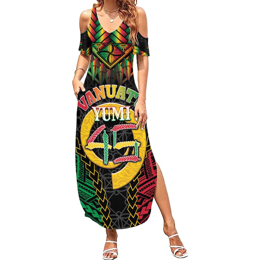Vanuatu 45th Anniversary Independence Day Family Matching Summer Maxi Dress and Hawaiian Shirt Melanesian Warrior With Sand Drawing Pattern LT05 Mom's Dress Black - Polynesian Pride