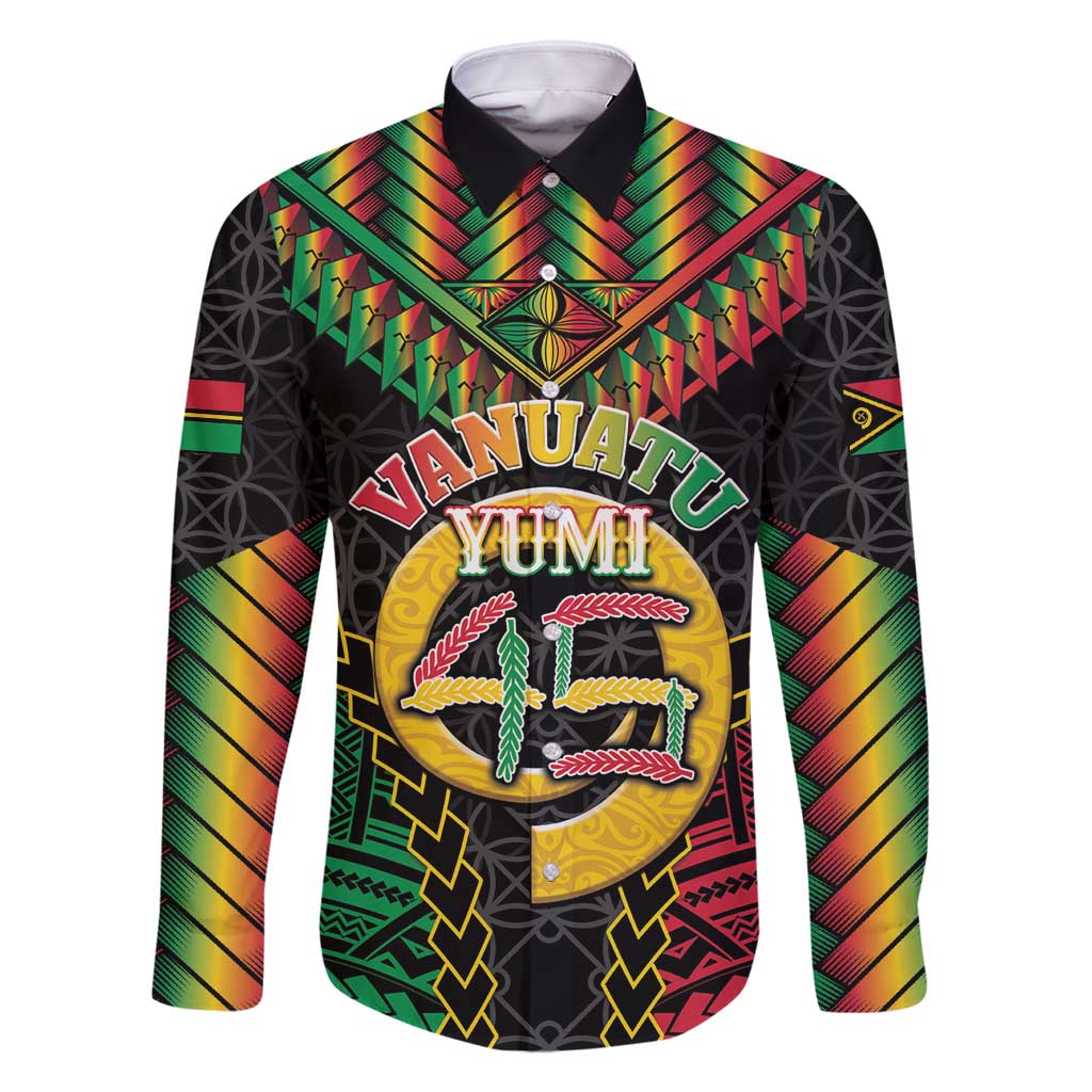 Vanuatu 45th Anniversary Independence Day Family Matching Tank Maxi Dress and Hawaiian Shirt Melanesian Warrior With Sand Drawing Pattern LT05 Dad's Shirt - Long Sleeve Black - Polynesian Pride