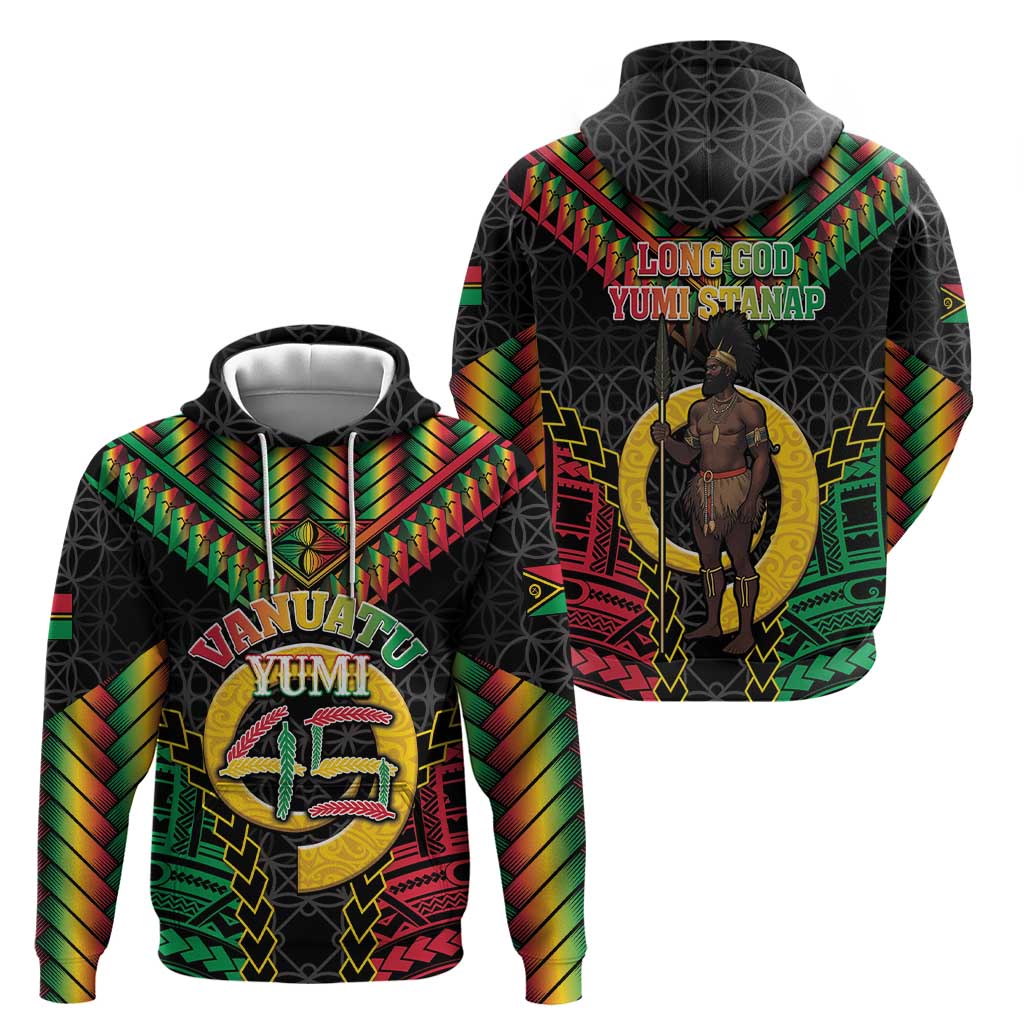 Vanuatu 45th Anniversary Independence Day Hoodie Melanesian Warrior With Sand Drawing Pattern LT05