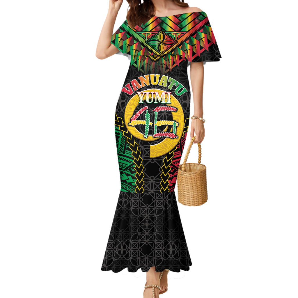 Vanuatu 46th Anniversary Independence Day Mermaid Dress Melanesian Warrior With Sand Drawing Pattern LT05 Women Black - Polynesian Pride