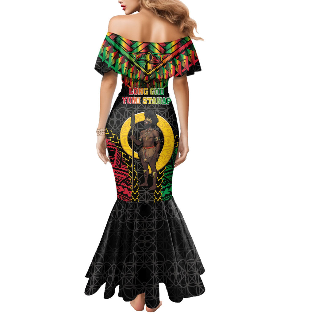 Vanuatu 46th Anniversary Independence Day Mermaid Dress Melanesian Warrior With Sand Drawing Pattern LT05 - Polynesian Pride