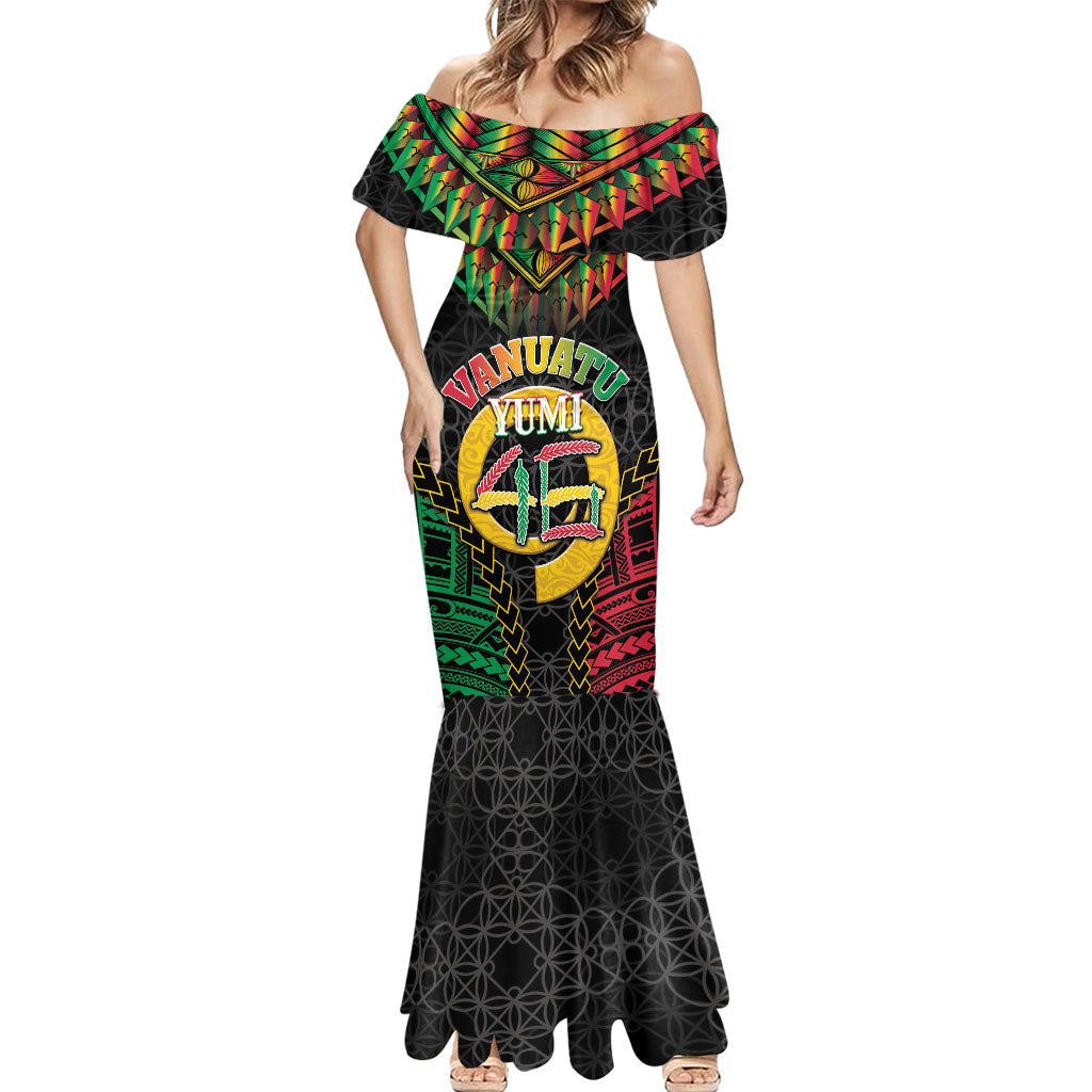 Vanuatu 46th Anniversary Independence Day Mermaid Dress Melanesian Warrior With Sand Drawing Pattern LT05 - Polynesian Pride