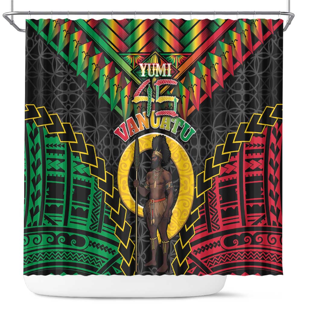 Vanuatu 45th Anniversary Independence Day Shower Curtain Melanesian Warrior With Sand Drawing Pattern LT05
