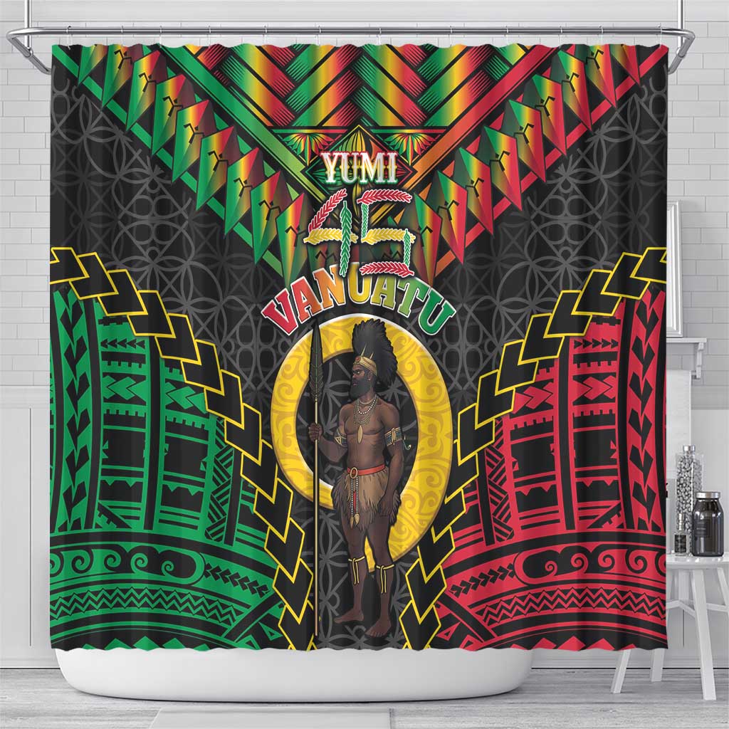 Vanuatu 45th Anniversary Independence Day Shower Curtain Melanesian Warrior With Sand Drawing Pattern LT05