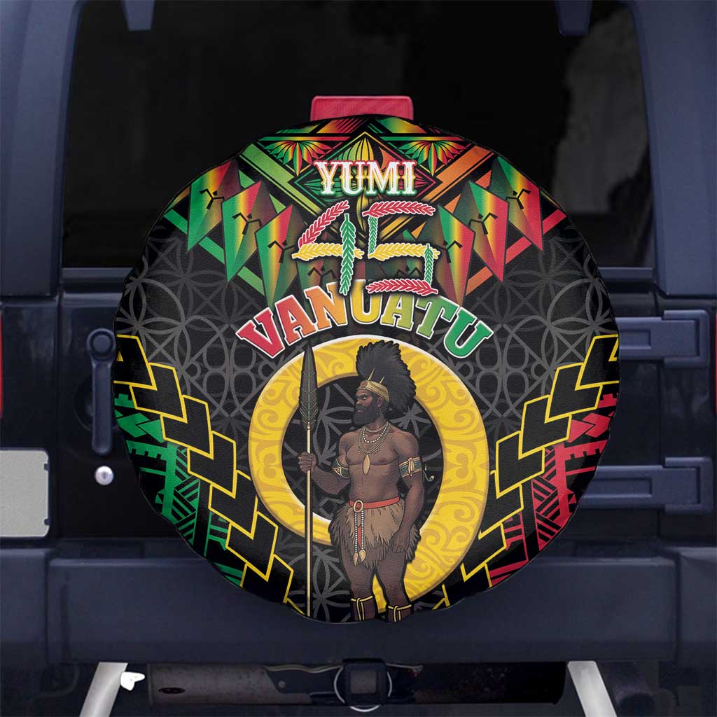 Vanuatu 45th Anniversary Independence Day Spare Tire Cover Melanesian Warrior With Sand Drawing Pattern LT05