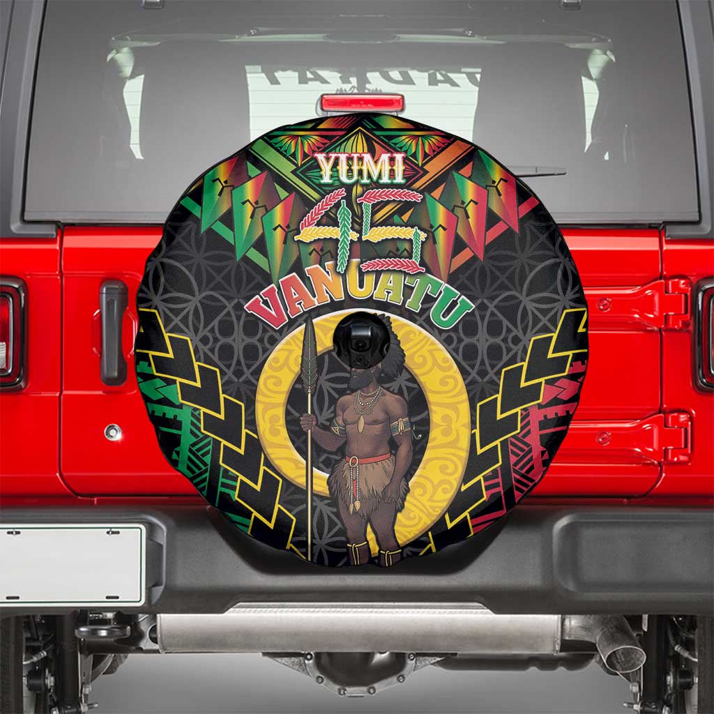Vanuatu 45th Anniversary Independence Day Spare Tire Cover Melanesian Warrior With Sand Drawing Pattern LT05