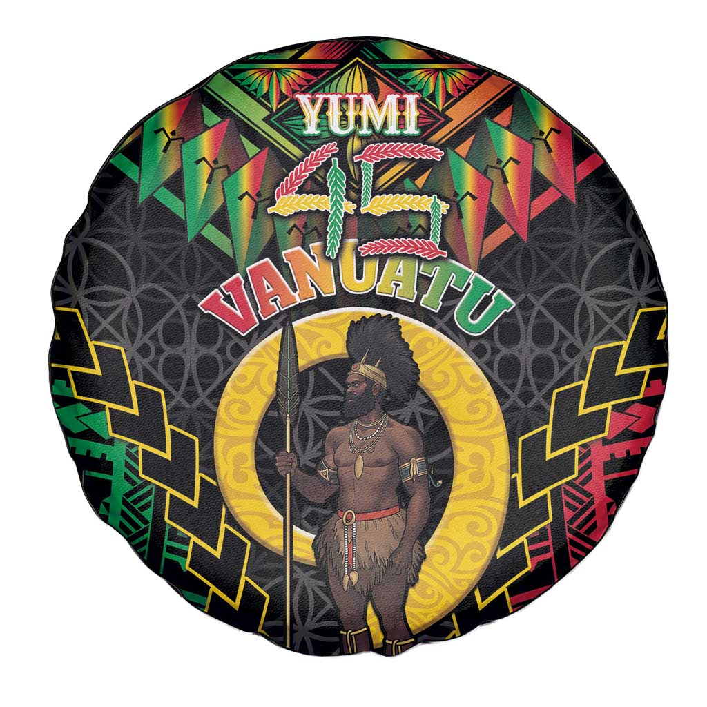 Vanuatu 45th Anniversary Independence Day Spare Tire Cover Melanesian Warrior With Sand Drawing Pattern LT05
